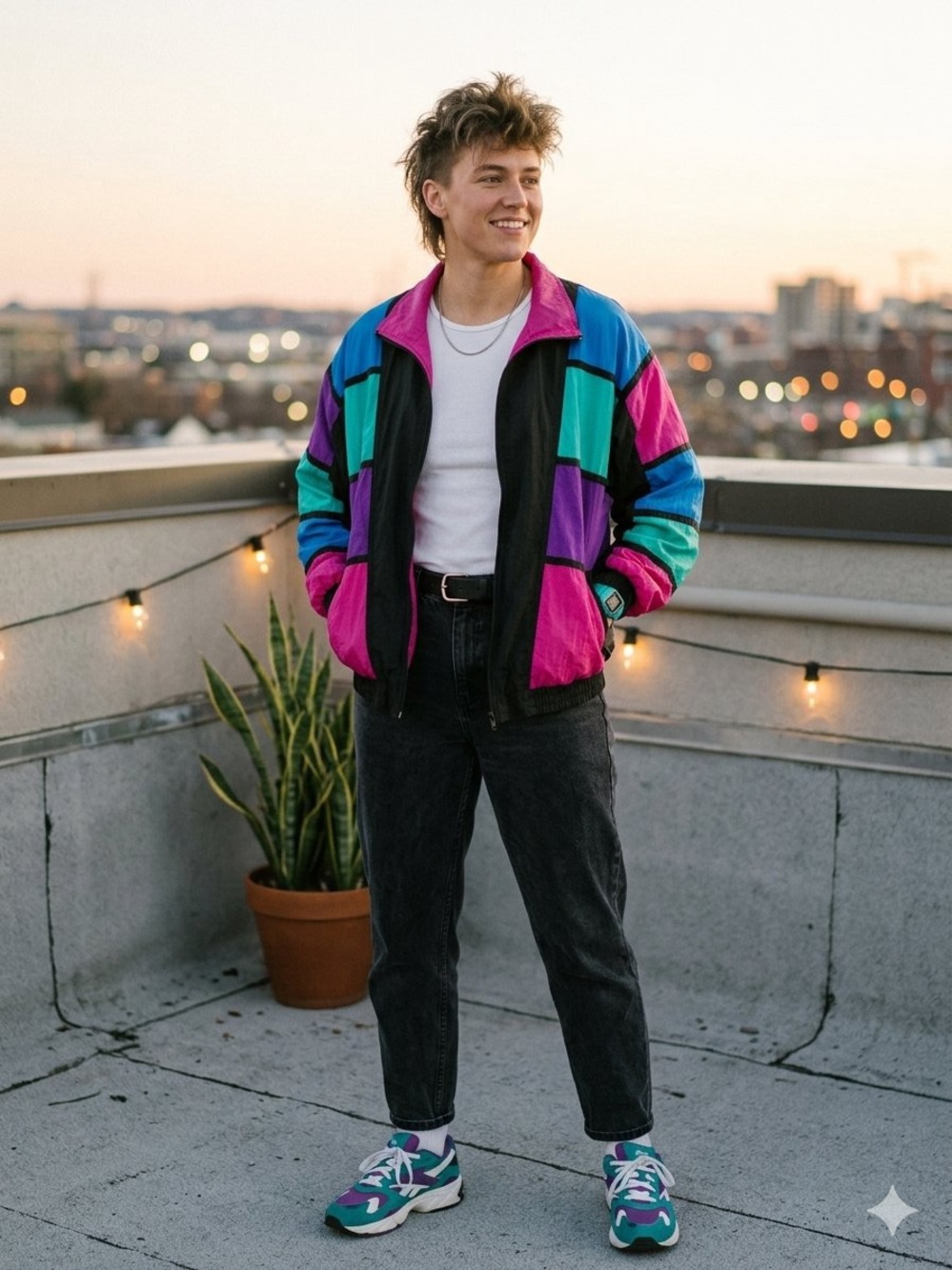 Men's Retro Colorblock Windbreaker Jacket in Magenta, Teal & Purple